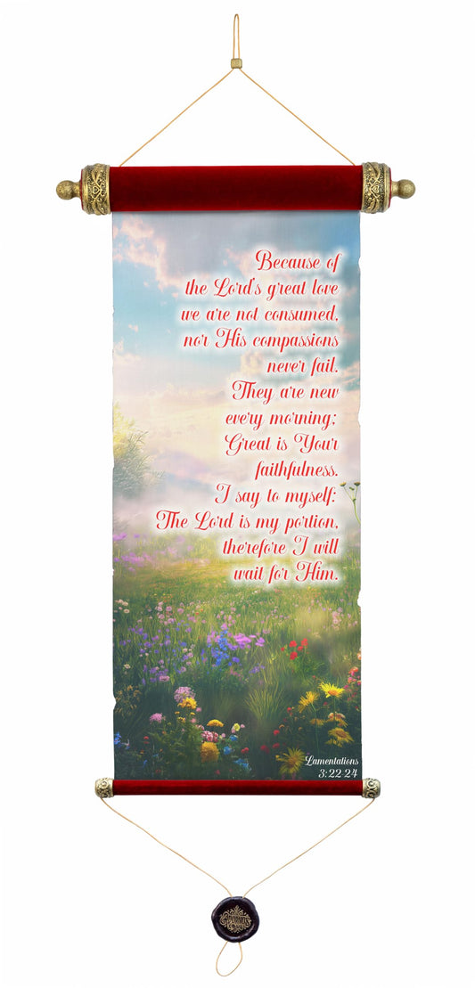Decorative Velvet Scripture Scroll, Lamentations 3:22-24, Antique Gold Accents, Meadow Landscape Design