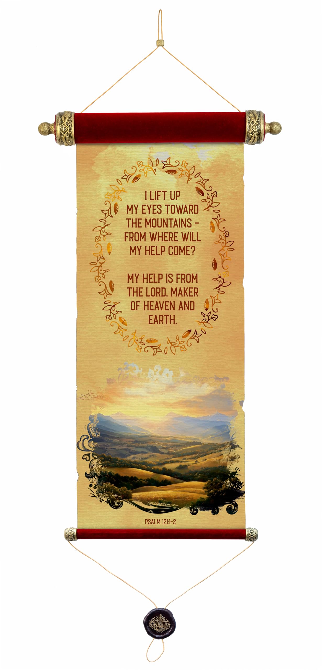 Decorative Velvet Scripture Scroll, Psalm 121 Design, Gold Mountain Scene, Antique-Style Gold Patina Accents