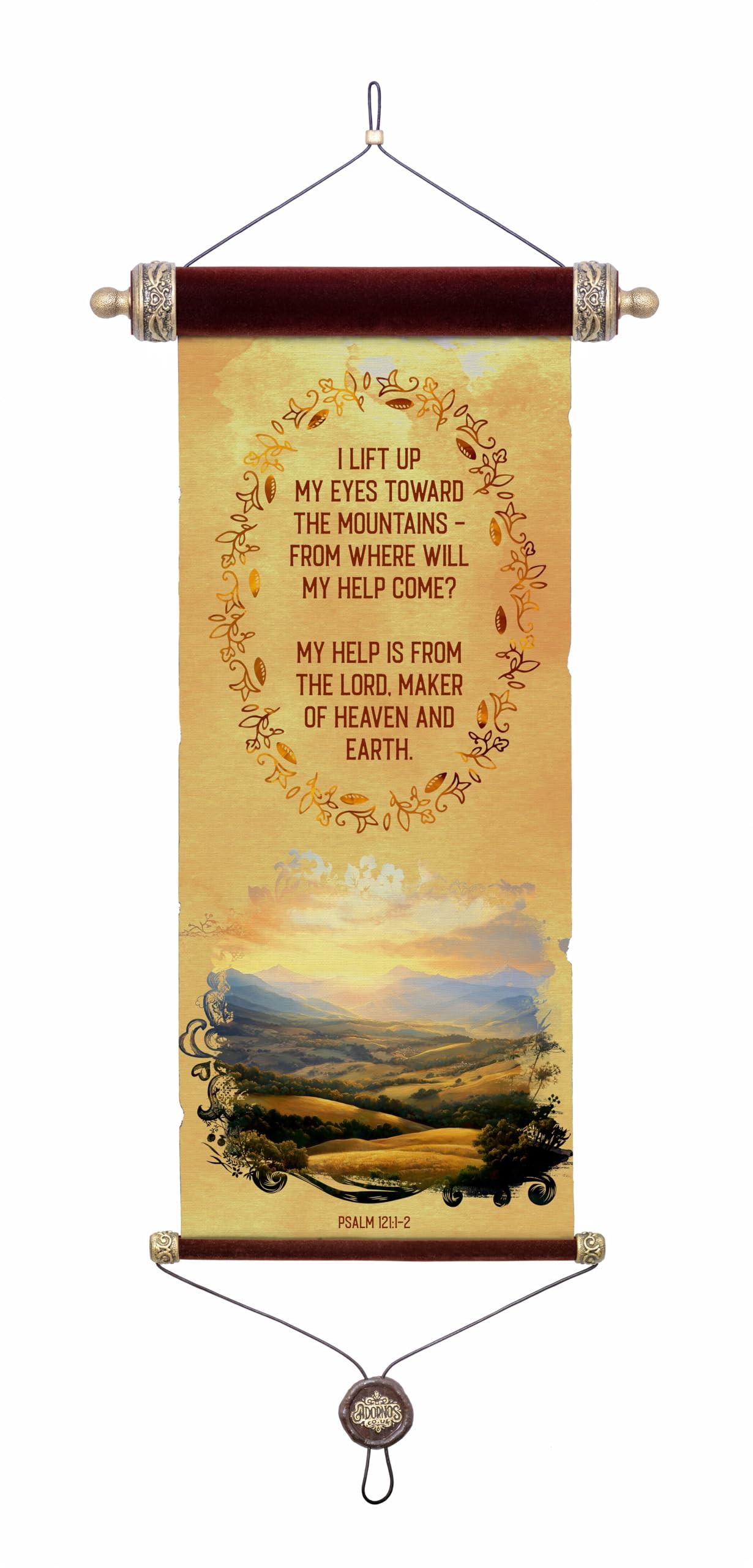Decorative Velvet Scripture Scroll, Psalm 121 Design, Gold Mountain Scene, Antique-Style Gold Patina Accents