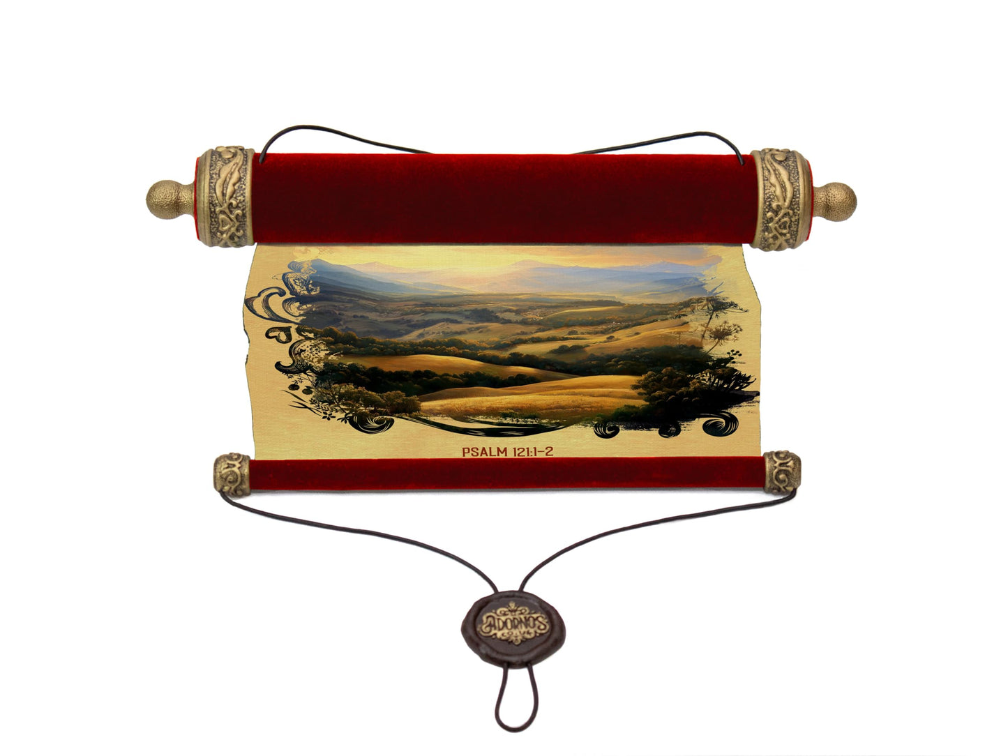 Decorative Velvet Scripture Scroll, Psalm 121 Design, Gold Mountain Scene, Antique-Style Gold Patina Accents